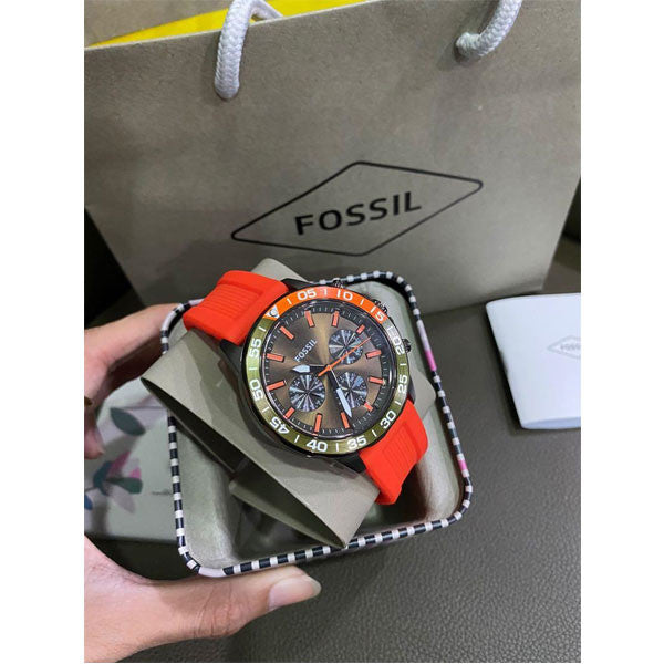 Fossil Bannon Chronograph Grey Dial Orange Silicone Strap Watch for Men - BQ2500 Watches Fossil   