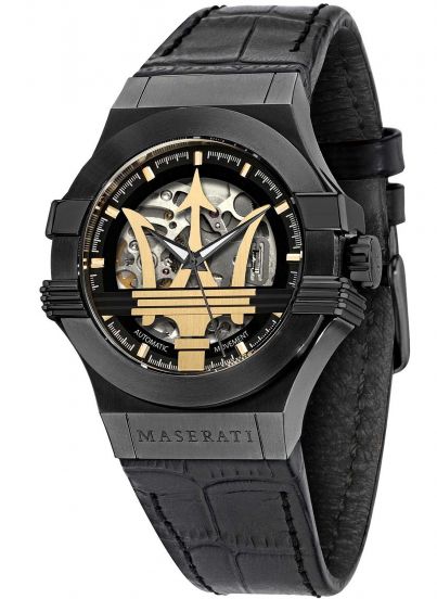 Maserati Potenza Skeleton Limited Edition Black Dial Black Leather Strap Watch For Men - R8821108027 Watches Maserati   