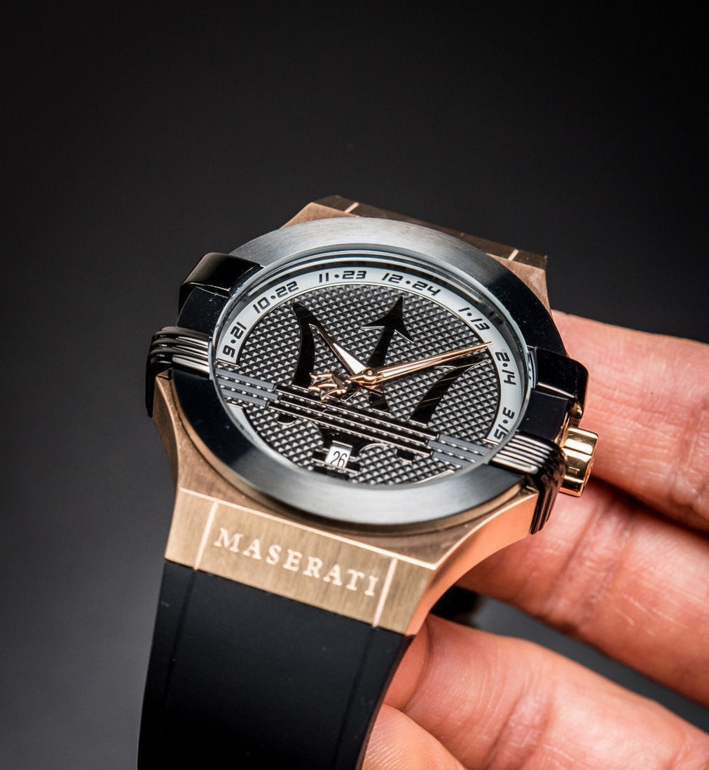 Maserati Potenza Black & Rose Gold Dial Black Rubber Strap Watch For Men - R8851108002 Watches Maserati   