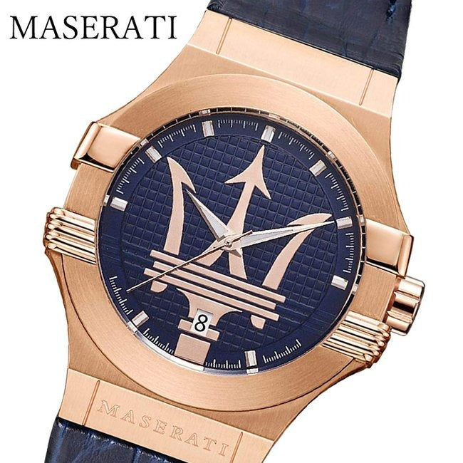 Maserati Potenza 42mm Rose Gold & Blue Dial Blue Leather Strap Watch For Men - R8851108027 Watches Maserati   