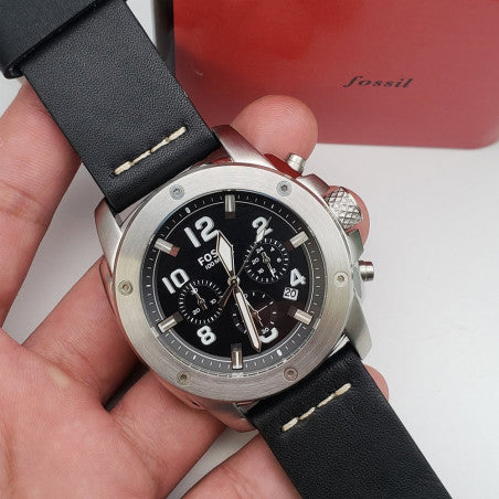 Fossil Modern Machine Chronograph Black Dial Black Leather Strap Watch for Men - FS4928 Watches Fossil   