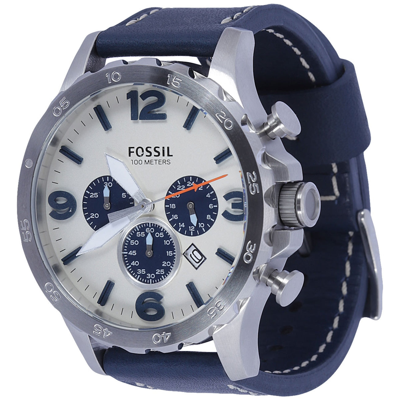 Fossil Nate Chronograph White Dial Blue Leather Strap Watch for Men - JR1480 Watches Fossil   