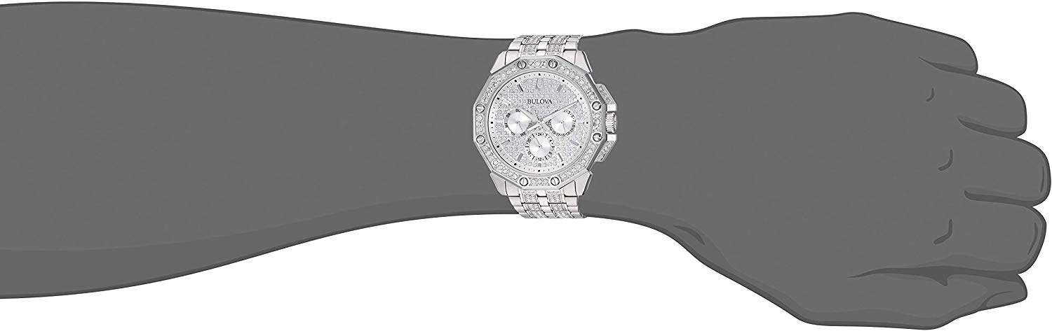 Bulova Crystal Collection Pave Silver Dial with Crystals Silver Steel Strap Watch for Men - 96C134 Watches Bulova   