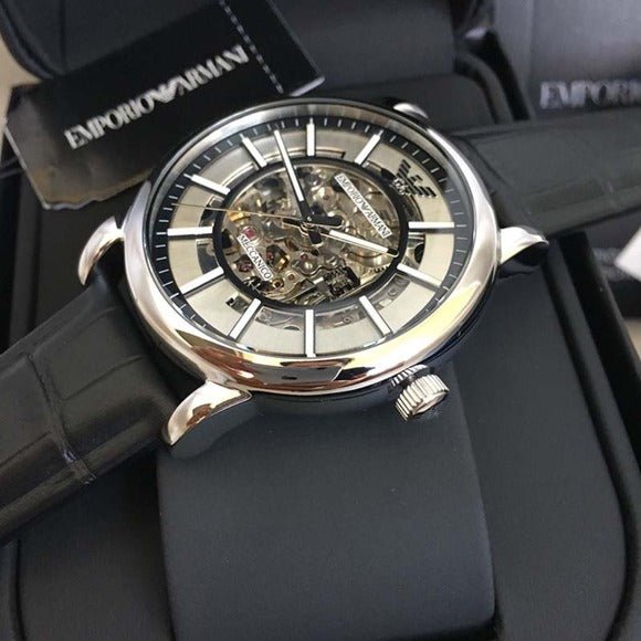 Emporio Armani Luigi Silver Skeleton Dial Black Leather Strap Watch For Men - AR1981 Watches Emporio Armani   