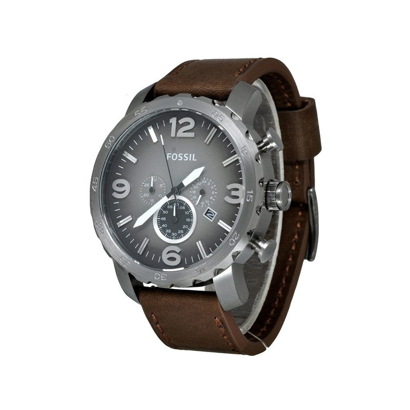 Fossil Nate Chronograph Grey Dial Brown Leather Strap Watch for Men - JR1424 Watches Fossil   