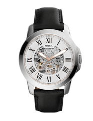 Fossil Grant Automatic Skeleton White Dial Black Leather Strap Watch for Men - ME3101 Watches Fossil   