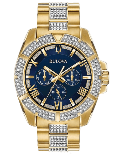 Bulova Crystal Collection Blue Dial Gold Steel Strap Watch for Men - 98C128 Watches Bulova   