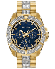 Bulova Crystal Collection Blue Dial Gold Steel Strap Watch for Men - 98C128 Watches Bulova   