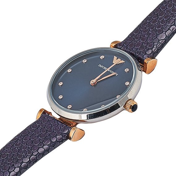 Emporio Armani Gianni T Bar Analog Blue Dial Black Leather Strap Watch For Women - AR1989 Watches Emporio Armani   