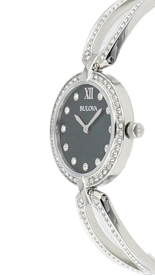 Bulova Crystal Black Mother of Pearl Dial Silver Steel Strap Watch for Women - 96L224 Watches Bulova   