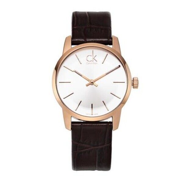 Calvin Klein City White Mother of Pearl Dial Brown Leather Strap Watch for Women - K2G23620 Watches Calvin Klein   