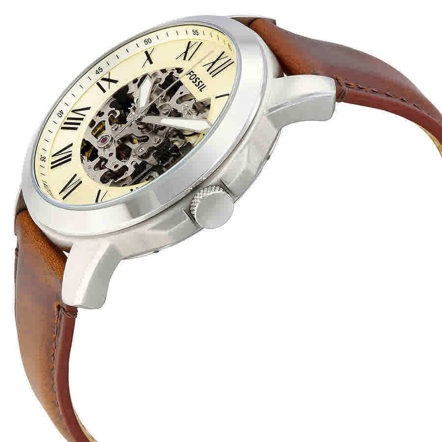 Fossil Grant Automatic Beige Skeleton Dial Brown Leather Strap Watch for Men - ME3099 Watches Fossil   