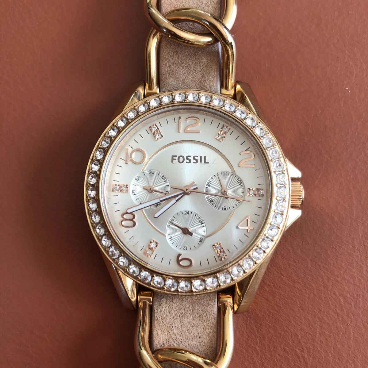 Fossil Riley White Dial Sand Leather Strap Watch for Women - ES3466 Watches Fossil   