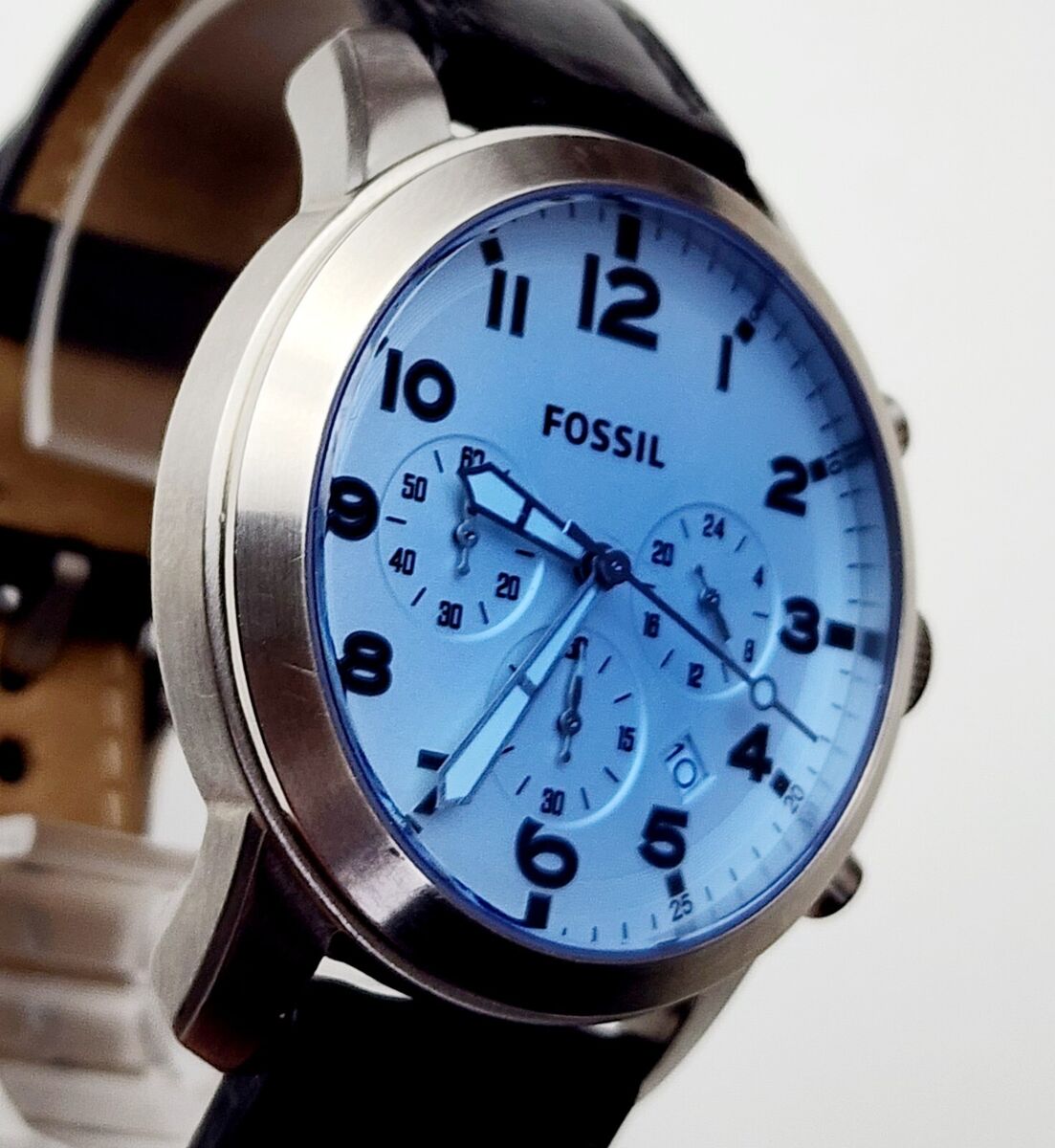 Fossil Pilot Chronograph Sky Blue Dial Black Leather Strap Watch for Men - FS5162 Watches Fossil   