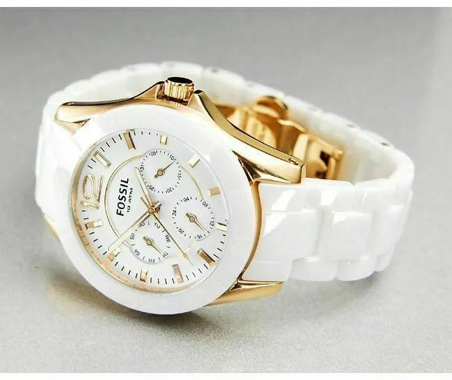 Fossil Ceramic Multifunction White Dial White Steel Strap Watch for Women - CE1006 Watches Fossil   