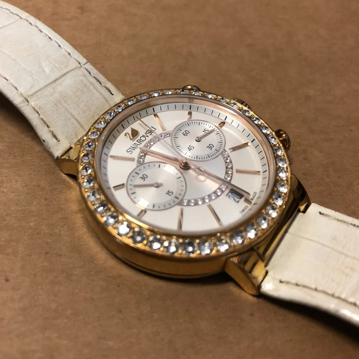 Swarovski Citra Sphere Chrono White Dial White Leather Strap Watch for Women - 5080602 Watches Swarovski   