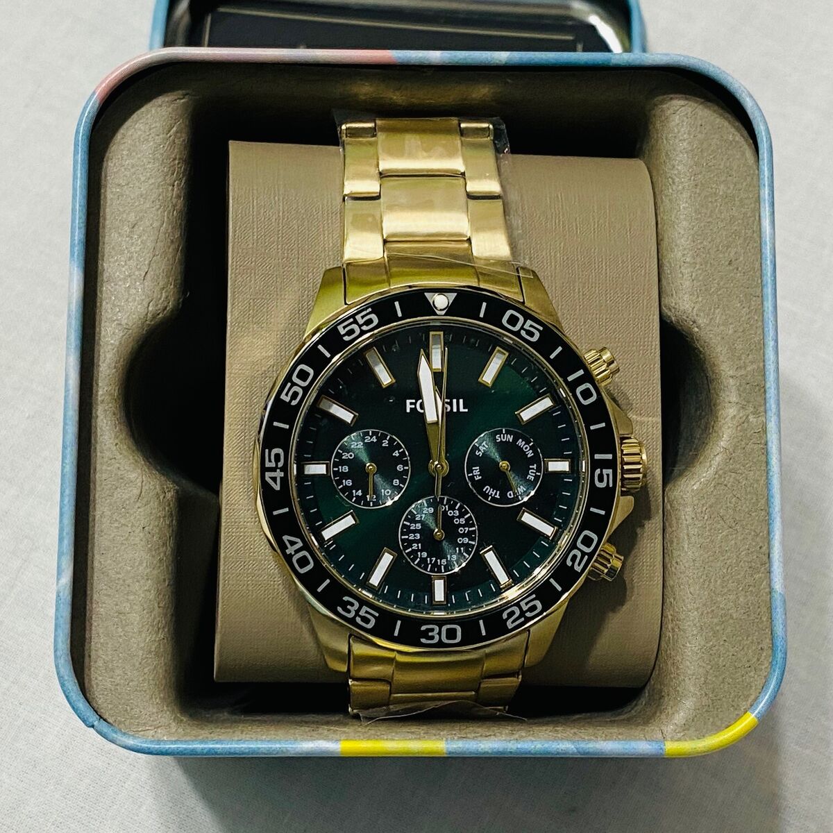 Fossil Bannon Multifunction Chronograph Green Dial Gold Steel Strap Watch for Men - BQ2493 Watches Fossil   