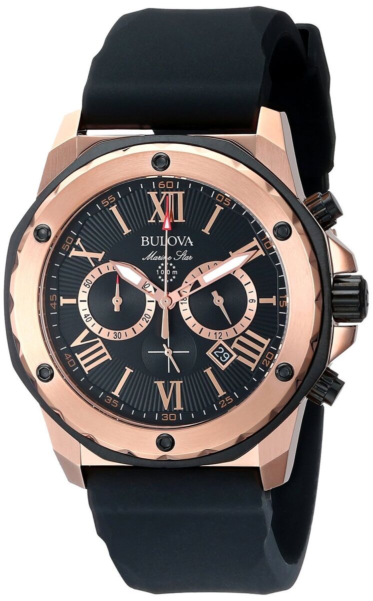 Bulova Marine Star Chronograph Black Dial Black Leather Strap Watch for Men - 98B104 Watches Bulova   