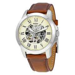 Fossil Grant Automatic Beige Skeleton Dial Brown Leather Strap Watch for Men - ME3099 Watches Fossil   