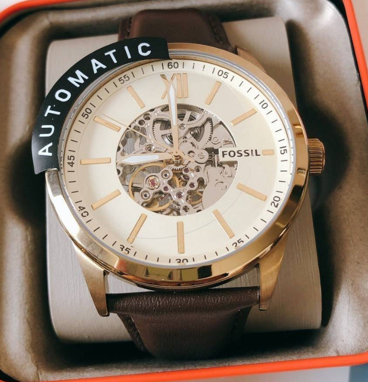 Fossil Flynn Mechanical Skeleton Champagne Dial Brown Leather Strap Watch for Men - BQ2215 Watches Fossil   