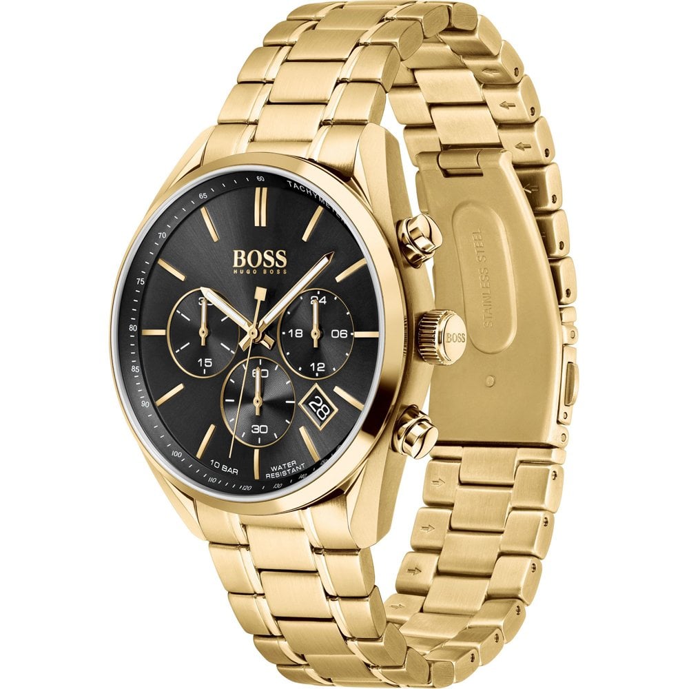 Hugo Boss Champion Black Dial Gold Steel Strap Watch for Men - 1513848 Watches Hugo Boss   