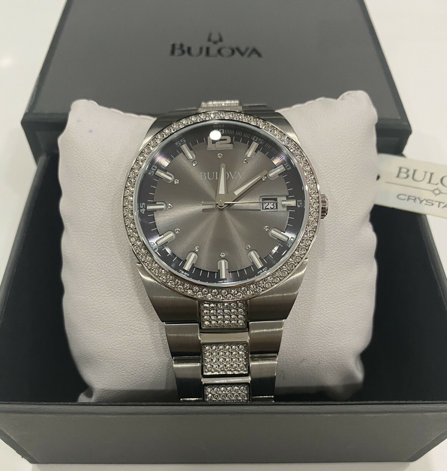 Bulova Crystal Collection Brown Dial Silver Steel Strap Watch for Men - 96B221 Watches Bulova   