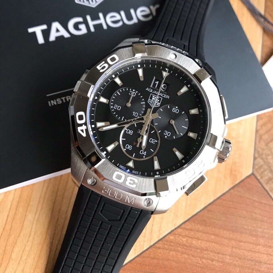 Tag Heuer Aquaracer Quartz Chronograph Black Dial Black Rubber Strap Watch for Men - CAY1110.FT6041 Watches Tag Heuer   