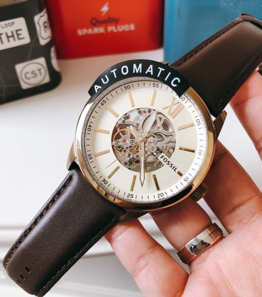 Fossil Flynn Mechanical Skeleton Champagne Dial Brown Leather Strap Watch for Men - BQ2215 Watches Fossil   
