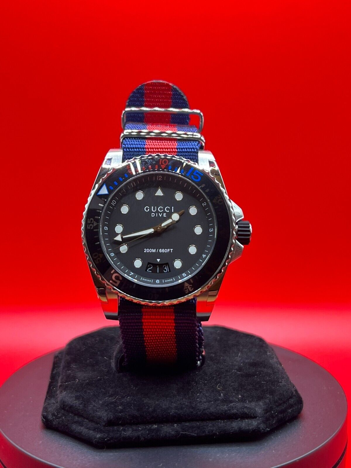 Gucci Dive Black Dial Red & Blue Nylon Strap Watch For Men - YA136210 Watches Gucci   