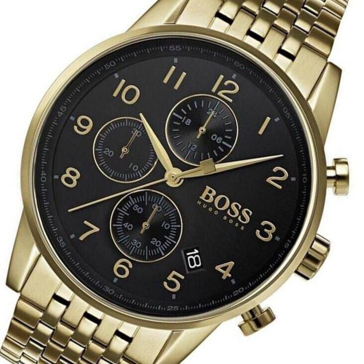 Hugo Boss Navigator Black Dial Gold Steel Strap Watch for Men - 1513531 Watches Hugo Boss   