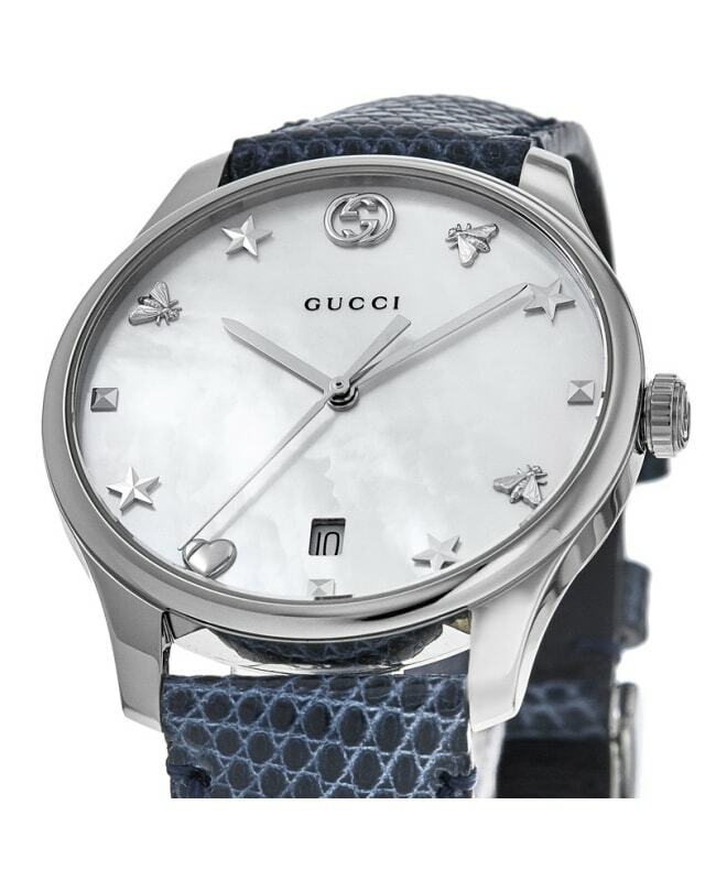 Gucci G-Timeless Signature Mother of Pearl Silver Dial Blue Leather Strap Watch For Women - YA1264049 Watches Gucci   