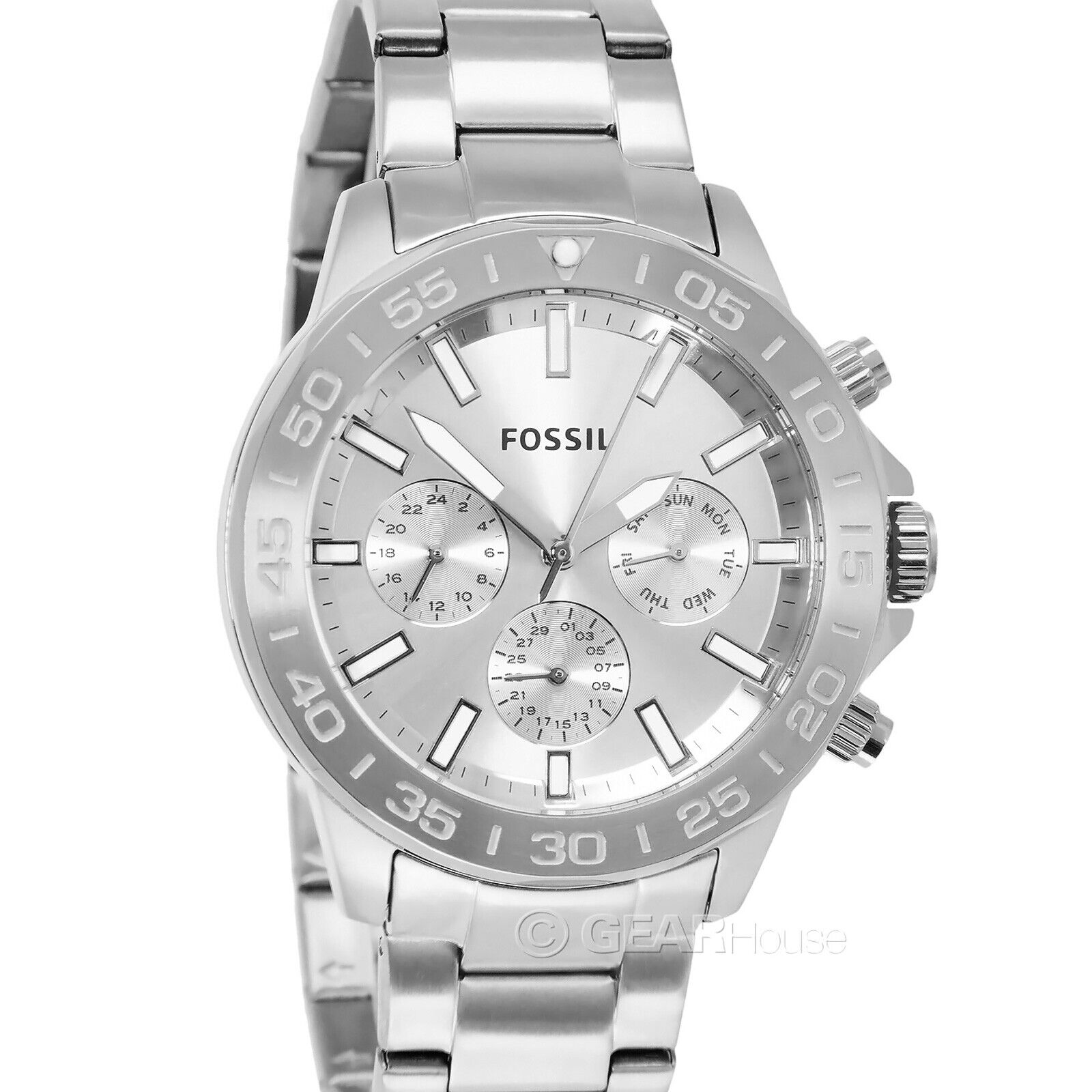 Fossil Bannon Multifunction Chronograph Silver Dial Silver Steel Strap Watch for Men - BQ2490 Watches Fossil   