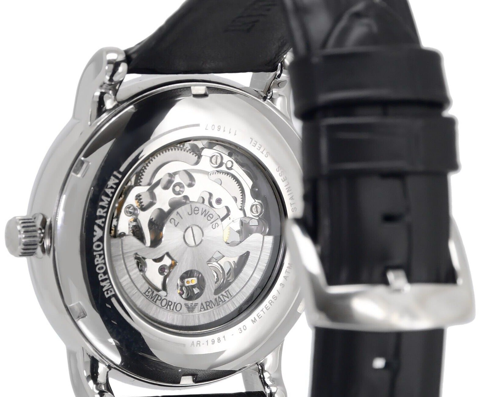 Emporio Armani Luigi Silver Skeleton Dial Black Leather Strap Watch For Men - AR1981 Watches Emporio Armani   