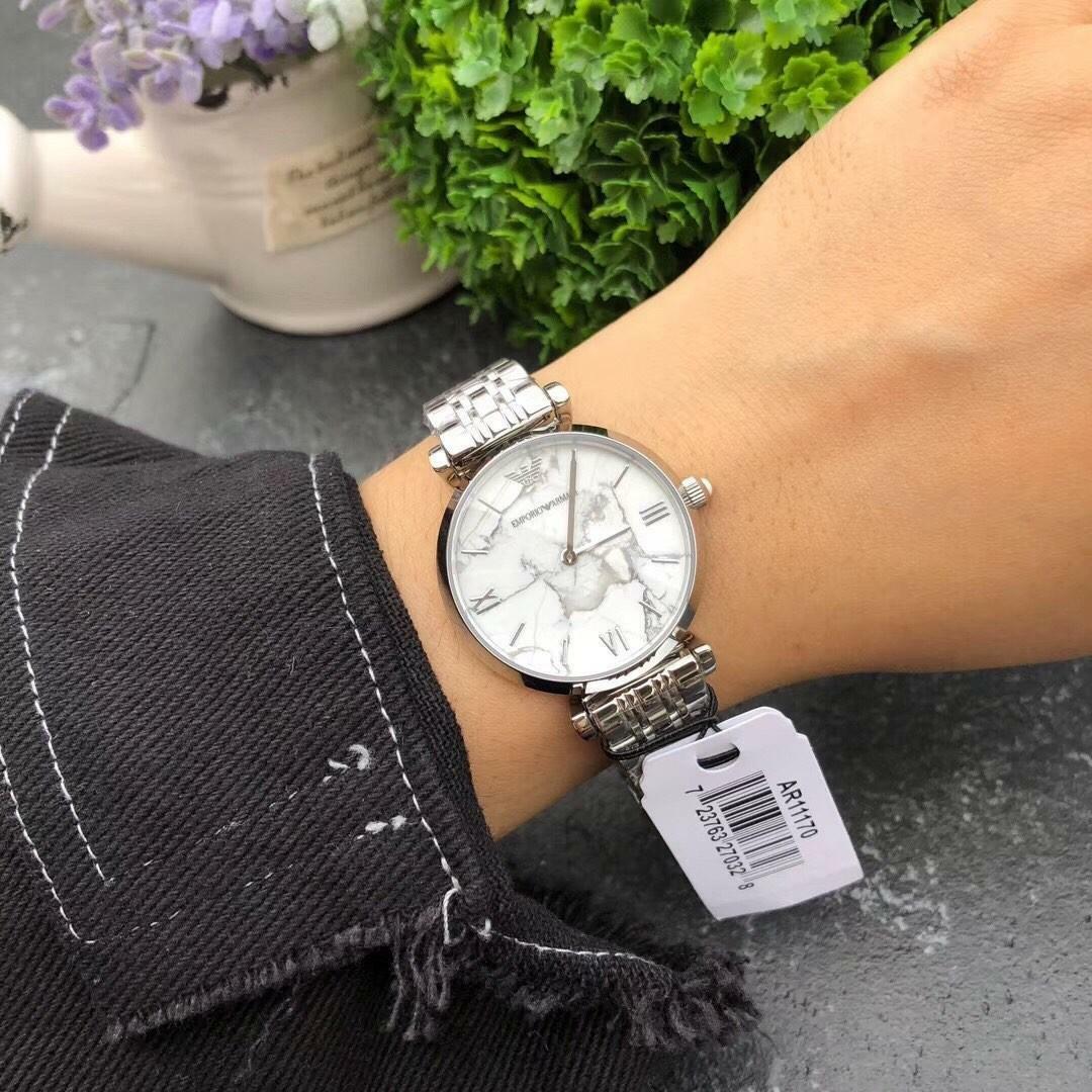 Emporio Armani Gianni T Bar White Marble Dial Stainless Steel Watch For Women - AR11170 Watches Emporio Armani   