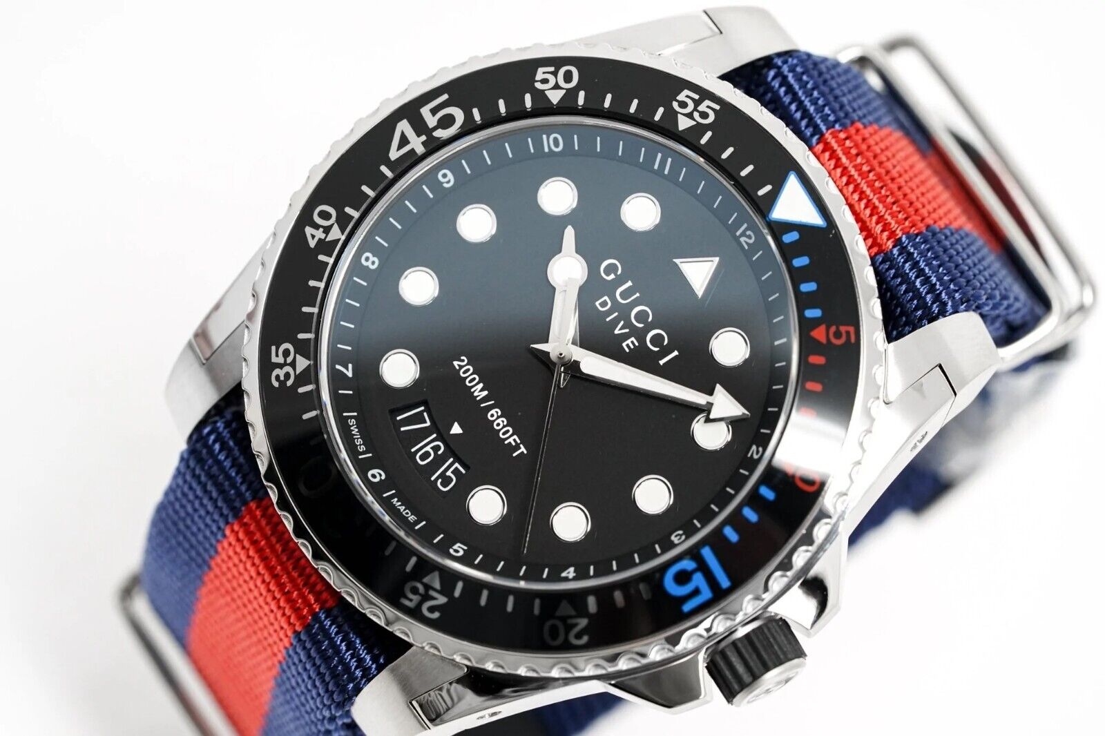 Gucci Dive Black Dial Red & Blue Nylon Strap Watch For Men - YA136210 Watches Gucci   