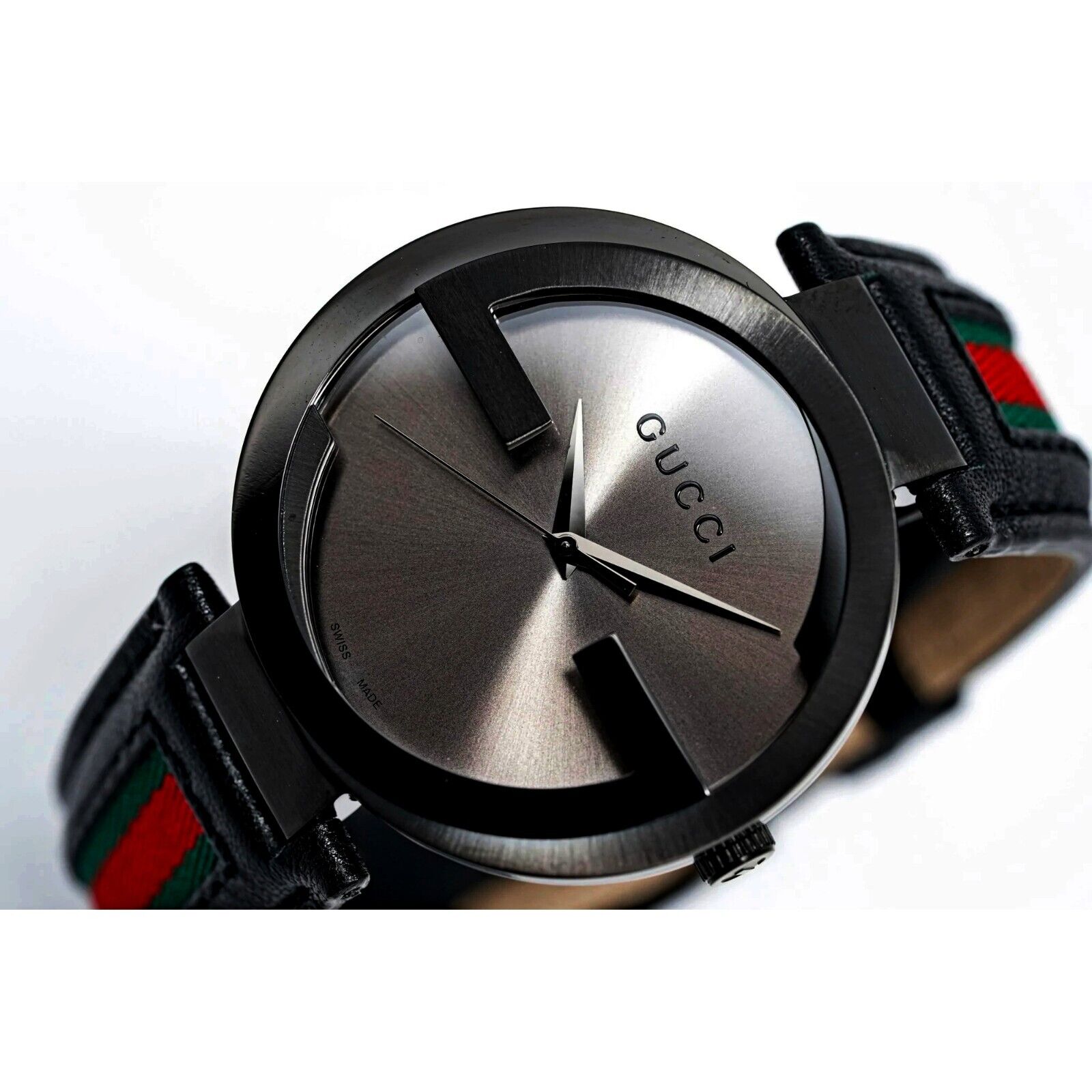 Gucci Interlocking XL Black Dial Red & Green Leather Strap Watch For Men - YA133206 Watches Gucci   