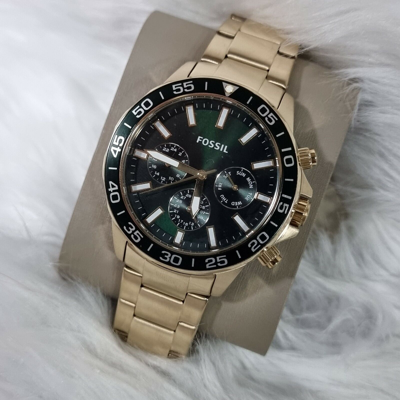 Fossil Bannon Multifunction Chronograph Green Dial Gold Steel Strap Watch for Men - BQ2493 Watches Fossil   