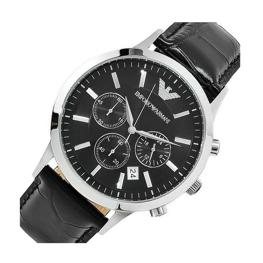 Emporio Armani Renato Chronograph Black Dial Black Leather Strap Watch For Men - AR2447 Watches Emporio Armani   