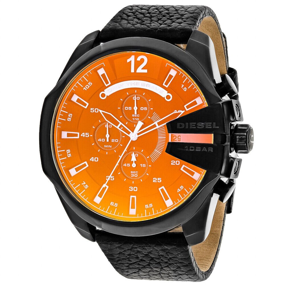 Diesel Mega Chief Black Dial Black Leather Strap Watch For Men - DZ4323 Watches Diesel   