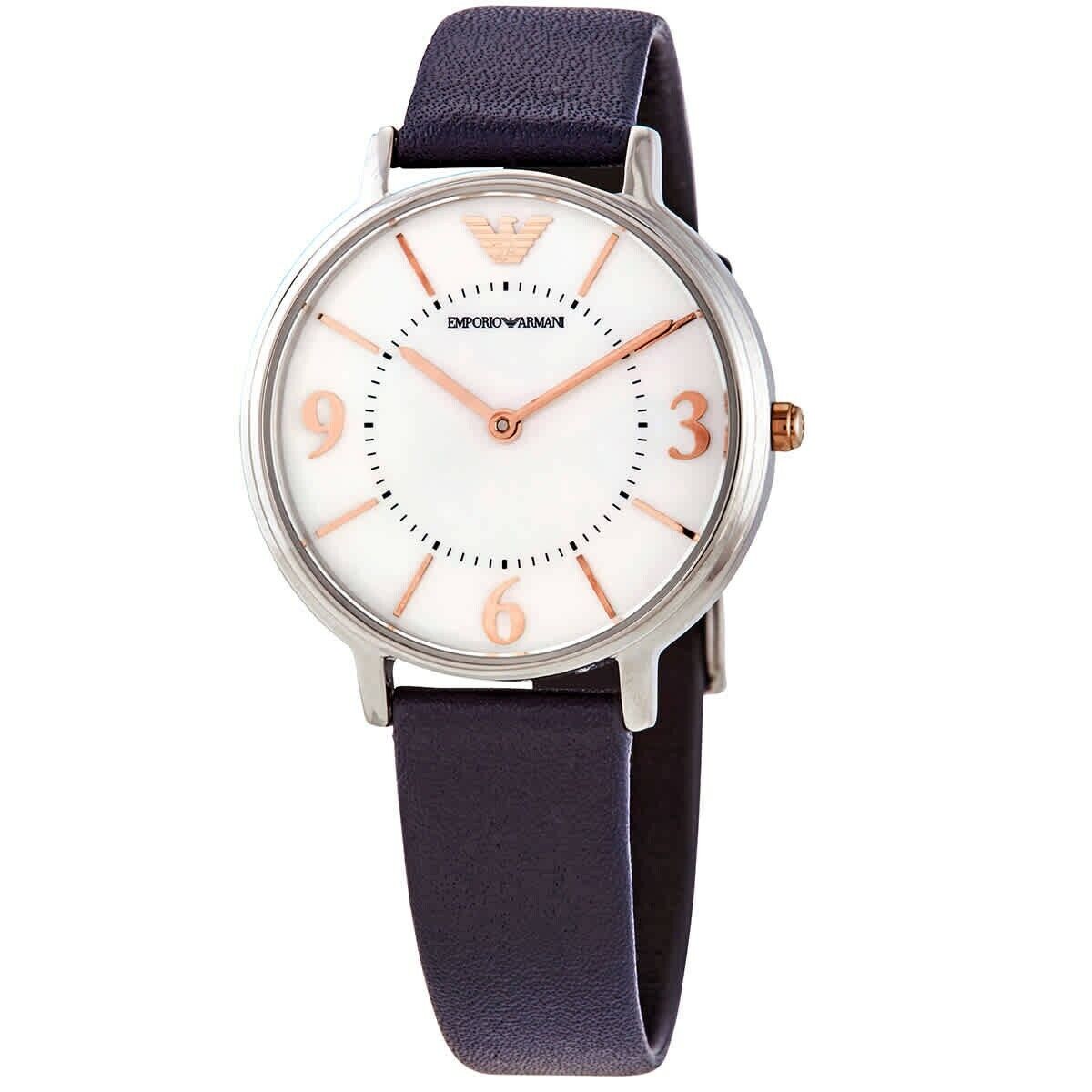 Emporio Armani Kappa White Mother of Pearl Dial Black Leather Strap Watch For Women - AR2509 Watches Emporio Armani   