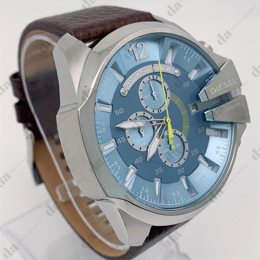 Diesel Mega Chief Light Blue Dial Brown Leather Strap Watch For Men - DZ4281 Watches Diesel   
