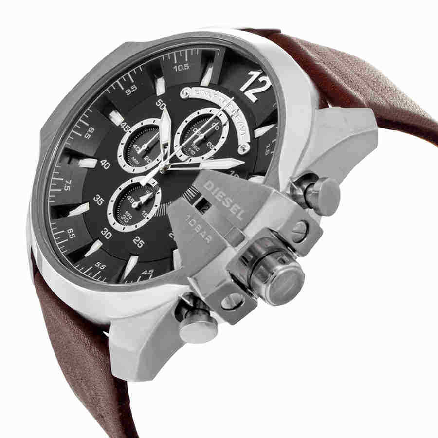 Diesel Mega Chief Black & Silver Round Dial Brown Leather Watch For Men - DZ4290 Watches Diesel   