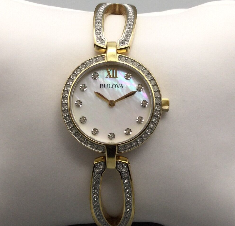 Bulova Crystal Collection Mother of Pearl Dial Gold Steel Strap Watch for Women - 98L225 Watches Bulova   