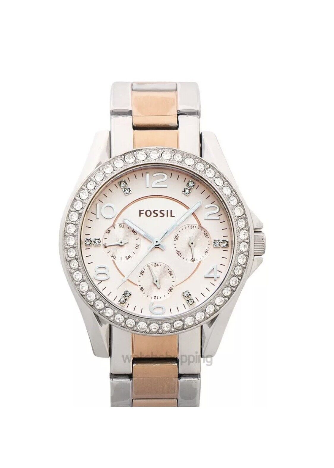 Fossil Riley Multifunction Rose Gold Dial Two Tone Steel Strap Watch for Women - ES4145 Watches Fossil   