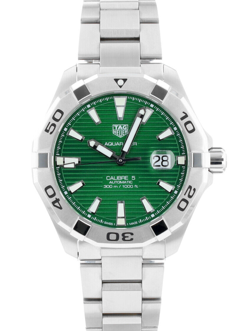 Tag Heuer Aquaracer Calibre 5 Automatic Green Dial Silver Steel Strap Watch for Men - WAY2015.BA0927 Watches Tag Heuer   