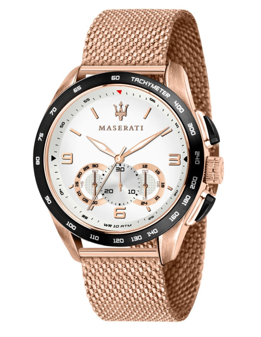 Maserati Traguardo 45mm Chronograph Rose Gold Mesh Strap White Dial Watch For Men - R8873612011 Watches Maserati   