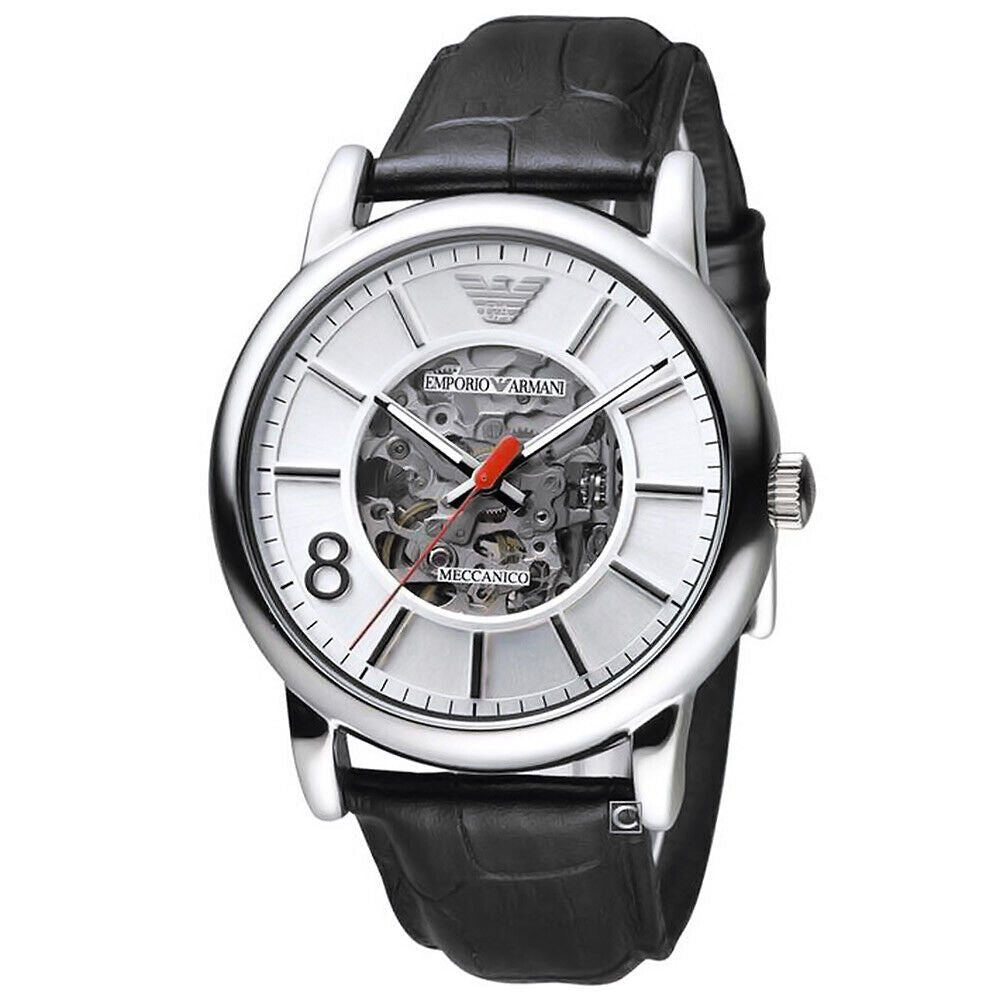 Emporio Armani Meccanico Silver Skeleton Dial Black Leather Watch For Men - AR1997 Watches Emporio Armani   