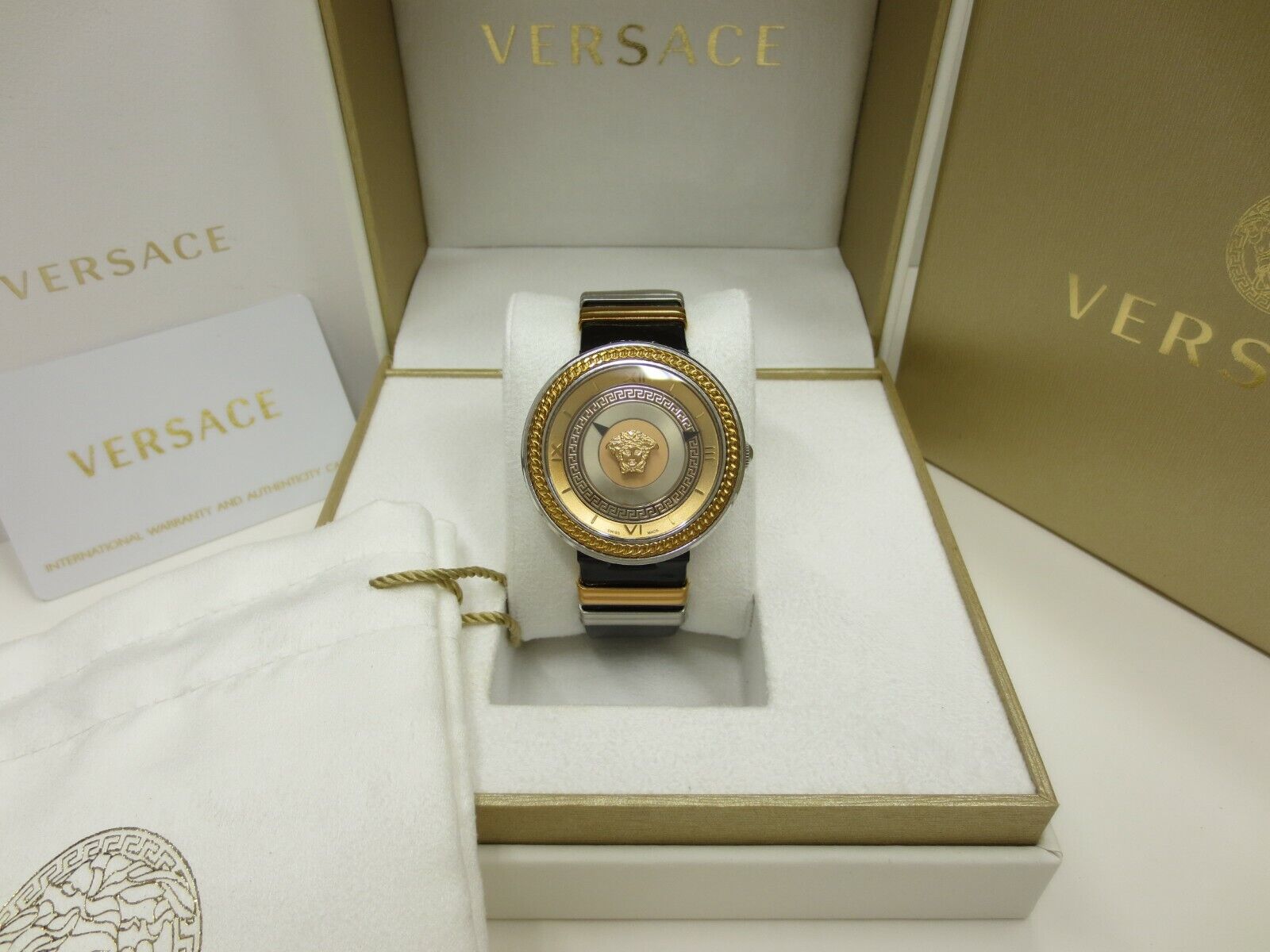 Versace V Metal Icon Gold Dial Black & Silver & Gold Strap Watch for Women - VLC020014 Watches Versace   