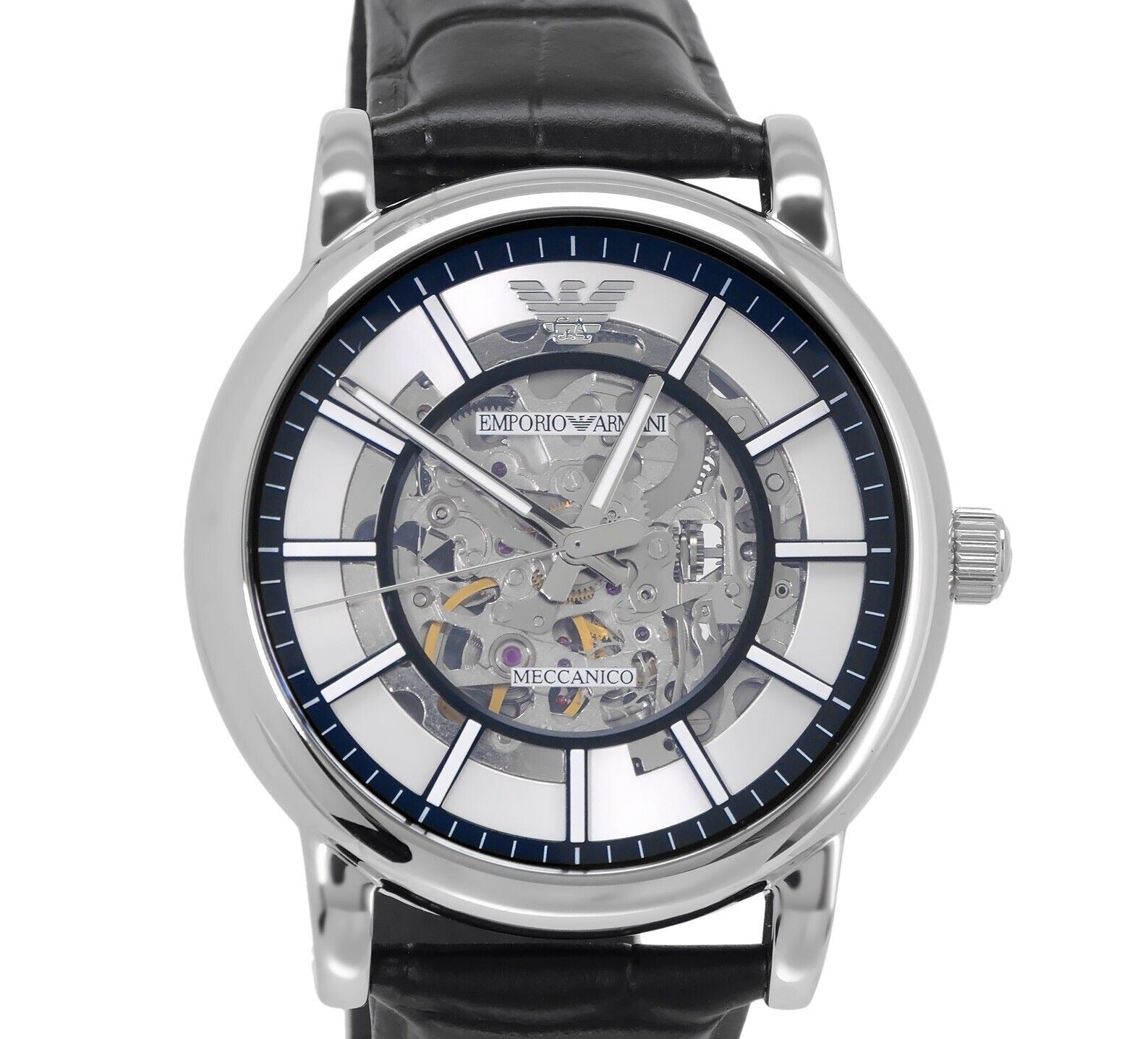 Emporio Armani Luigi Silver Skeleton Dial Black Leather Strap Watch For Men - AR1981 Watches Emporio Armani   