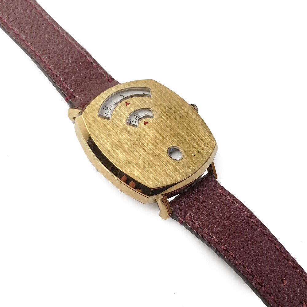 Gucci Grip Yellow Gold Dial Maroon Leather Strap Watch For Women - YA157405 Watches Gucci   